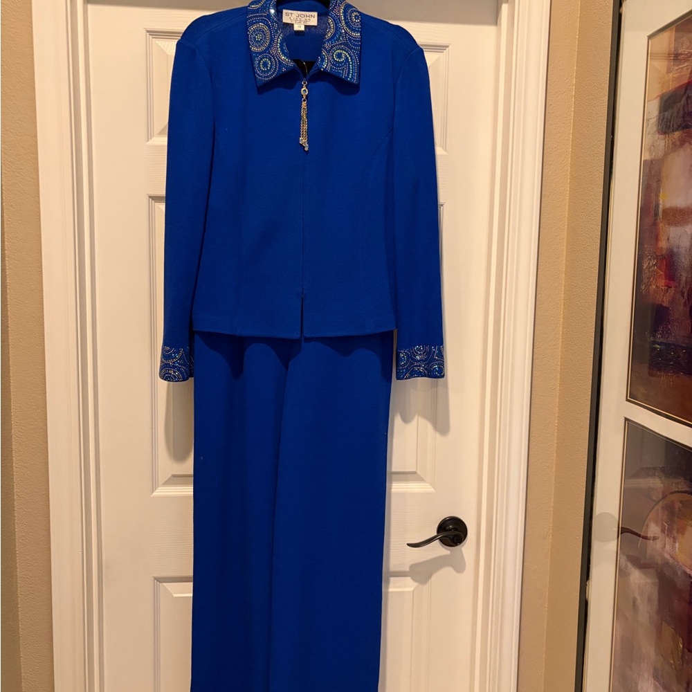 St. John Royal Blue Top with Beaded Collar